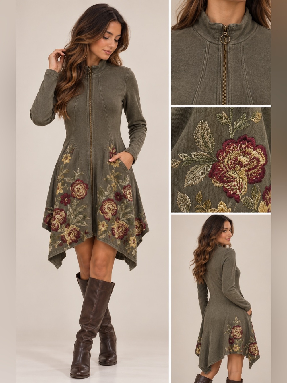 XCVI Floral Embroidered Zip Front Jacket Tunic Dress Handkerchief Hem Medium